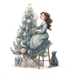Girl sitting beside a decorated Christmas tree with a cat in a whimsical and serene setting