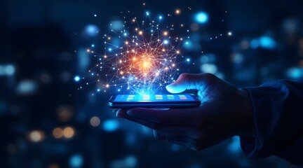 Hand holding smartphone projecting glowing digital network connections into the night sky