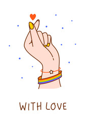 Исходные названия: Hand showing heart sign with LGBTQ flag color bracelet isolated on white - vector illustration for happy pride month poster and greeting card