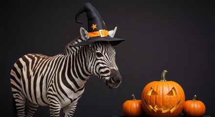 Zebra in Witch Hat with Pumpkins - A zebra wearing a witch's hat looks at jack-o'-lanterns. Halloween theme