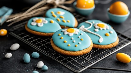 Delicate Easter Cookies, Teal Glaze, and White Flowers