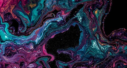 Abstract fluid art with swirling teal pink and black colors creating a galaxy effect look
