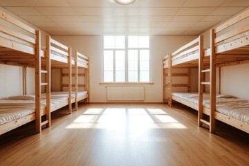 Obraz premium Dorm Room Sunlight: Wooden Bunk Beds, Bright Window, Empty, Clean, Minimalist Interior.