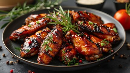 Delicious grilled chicken wings with sesame seeds and fresh rosemary presented on a black plate, ready to eat.	