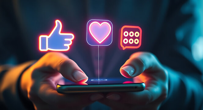 Glowing social media icons hover over hands holding a smartphone thumbs up heart