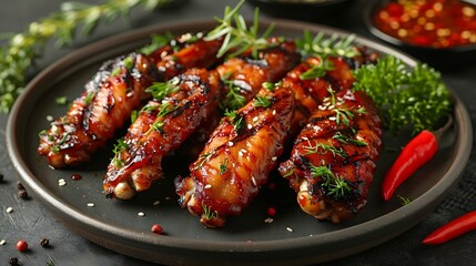 Fototapeta premium Delicious grilled chicken wings with sesame seeds and fresh rosemary presented on a black plate, ready to eat. 