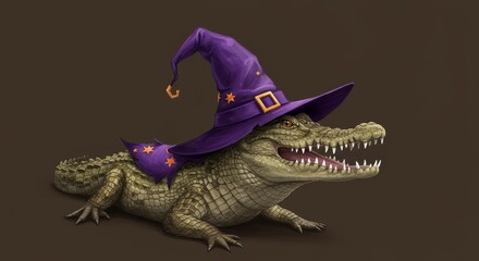 Obraz premium Alligator Wizard Halloween Costume - A cute alligator wearing a purple wizard hat, perfect for Halloween