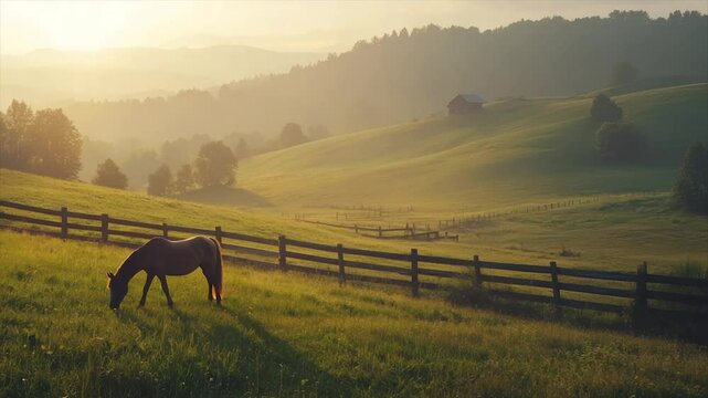 Serene sunrise over rolling hills, horse grazing peacefully in a green pasture, fenced fields