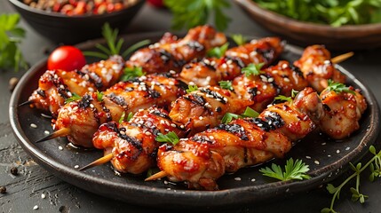 Delicious grilled chicken wings with sesame seeds and fresh rosemary presented on a black plate, ready to eat.	
