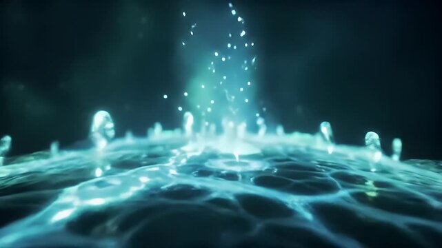 Abstract blue fluid surface with water sprouts in a dark ethereal setting