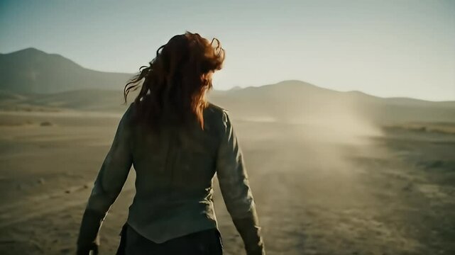 Woman walks into desert landscape with low mountains and blowing dust in distance