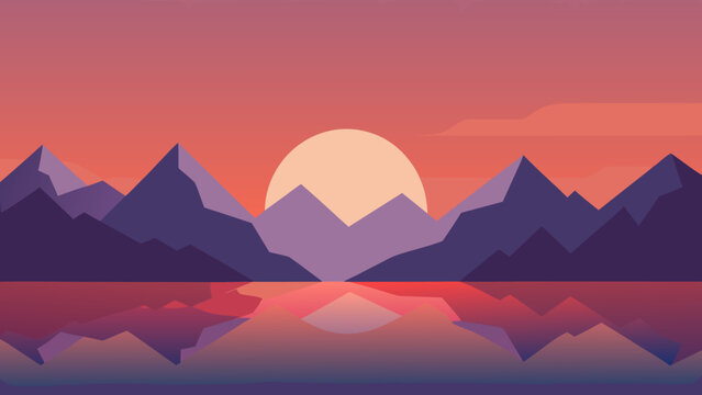 Serene mountain range reflected in calm water at sunset with warm sky