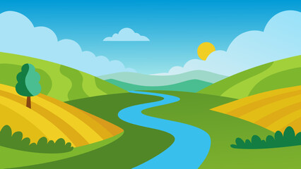 Obraz premium Stylized landscape with rolling green hills a winding blue river and golden fields under a bright sun