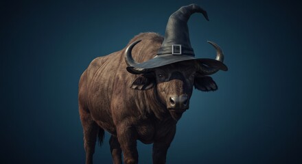 Buffalo in a Witch's Hat - A brown buffalo wearing a black witch's hat, against a dark blue background. A whimsical, Halloween-themed
