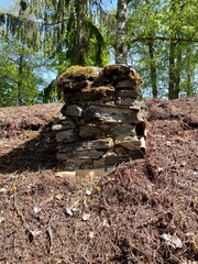 Stone chimney pipe. Old wooden building, 19th century. Finland