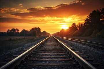 Obraz premium Train tracks disappearing into a vibrant sunset with golden light and silhouetted trees