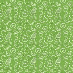 Seamless pattern of white outline fruits and vegetables on a green background