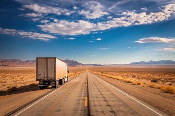 Obraz premium Semi truck travels down a long straight desert highway under a vast cloudy sky