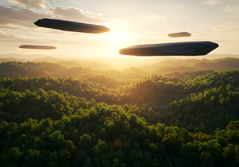 Floating objects above sunrise forest