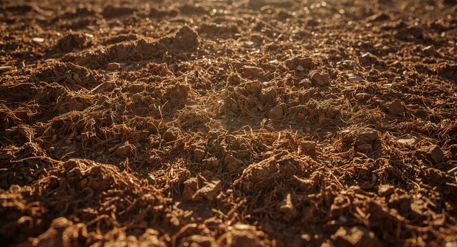 Close up of tilled brown soil with dry grass and small rocks under bright sunlight in a field outdoors