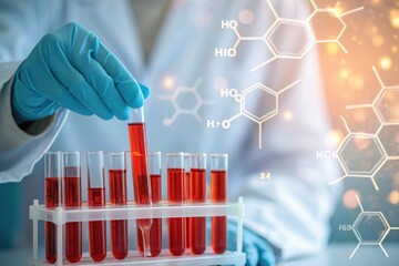 Scientist in blue gloves examines a test tube filled with red liquid in a laboratory setting with molecular structures