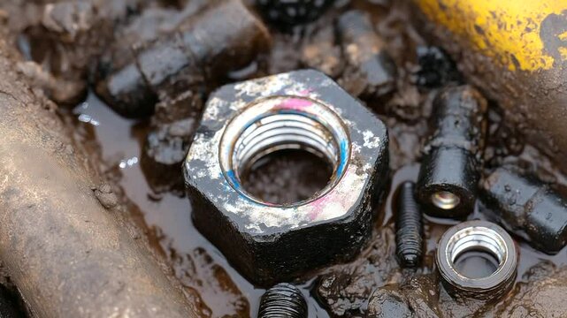 Close-up shot of threaded bolts, locking nuts, and coupling rings from dismantled tractor axle, spread across oily metal tray.
