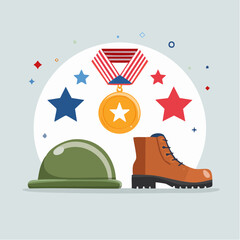 Honor and Valor: An illustrated display honoring valor and service, with symbolic elements like a medal, helmet, and boot, is a tribute to those who served.