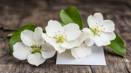 Fototapeta premium Delicate White Blossoms on Rustic Wood with Blank Note
