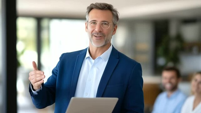 Confident agent gestures to floor plan on screen while clients review purchase agreement, discussing key terms of property deal.