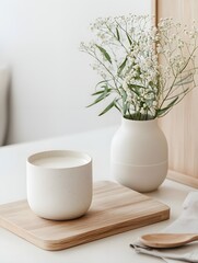 Minimalist White Vase on Wooden Cutting Board