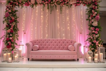 Elegant pink sofa and floral arch for romantic event decor