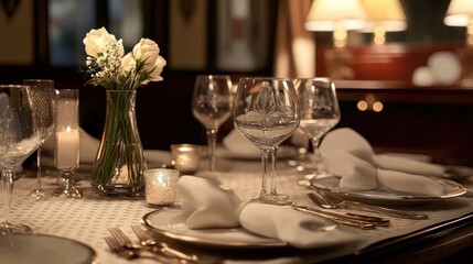 Elegant dinner table setting, rich interior, flowers and candles, for a luxurious dining experience