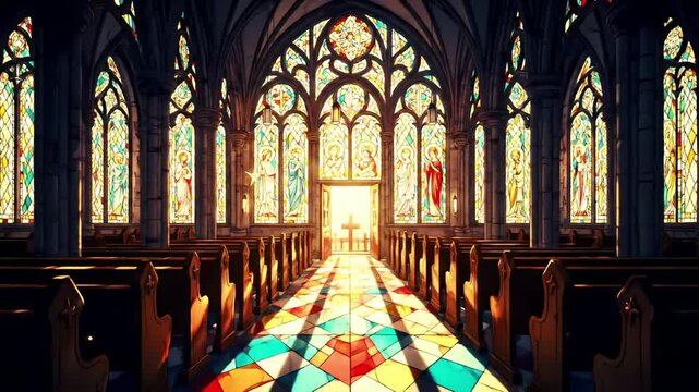 Interior of a church with stained glass windows and a cross silhouetted in the doorway