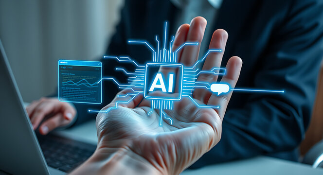 Human hand displaying artificial intelligence chip and data visualization technology innovation