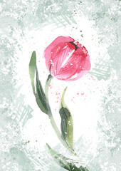 Watercolor sketch tulip, spring summer illustration, gift card for a woman, mom. Creative postcard design with flowers on a textured green background.