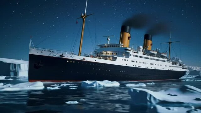 Large historical steamship sailing through icy ocean at night surrounded by floating icebergs. Maritime tragedy concept