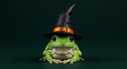 Green Frog in Witch's Hat Halloween Costume - Adorable green frog wearing a witch's hat, symbolizing Halloween, cuteness, whimsy, magic, and festive fun