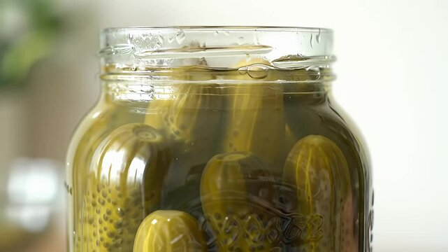 Close up of a jar filled with whole dill pickles preserved in a green brine