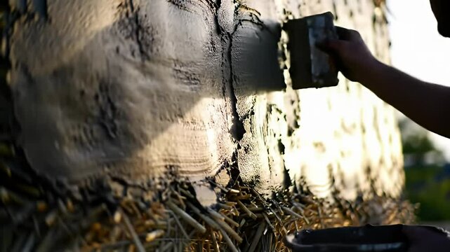 Person smooths gray mud with trowel on a hay bale base in outdoor, natural lighting
