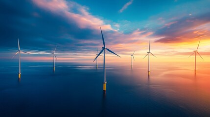 "Aerial View of Modern Wind Turbines in Ocean Sunset"