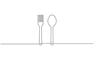 Knife, spoon and fork continuous one line drawing and isolated world food day outline, Continuous one line drawing of knife and fork outline art illustration isolated on white background