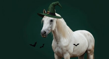 Halloween Horse Witch Hat - White horse wearing a witch's hat, bats, Halloween, festive, equestrian. Symbolizing magic, autumn, spooky fun, fantasy, and tradition