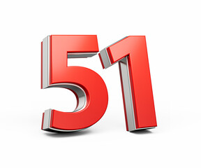 Bold Vibrant Red Number Fifty one Number 51 With Metallic On White Background 3D Illustration