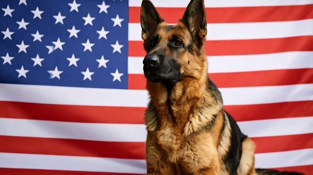 Proud German Shepherd Dog lying against a patriotic backdrop of the American Flag featuring red stripes and star field pattern