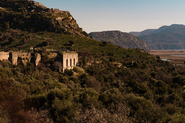 amazing nature landscape of Kaunos antique town historical ruins and ancient Lycian dalyan harbour