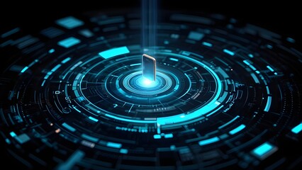 Fototapeta premium Futuristic glowing blue digital interface with a smartphone at its center