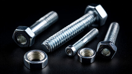 Close-Up of Metal Fasteners – Screws and Nuts on Dark Background

