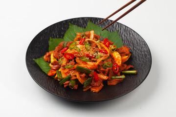   A dish made by stir-frying pork with various seasonings, then stir-frying it again with chives, onions, etc.