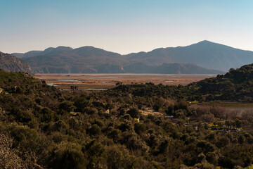 amazing nature landscape of Kaunos antique town historical ruins and ancient Lycian dalyan harbour
