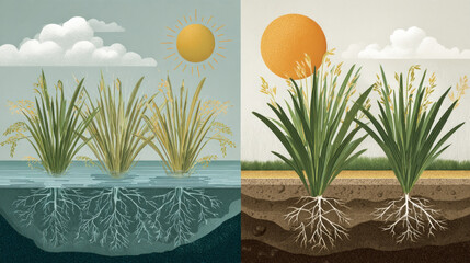Rice crisis concept ,Rice growth affected by climate change shows contrasting environments with water and soil